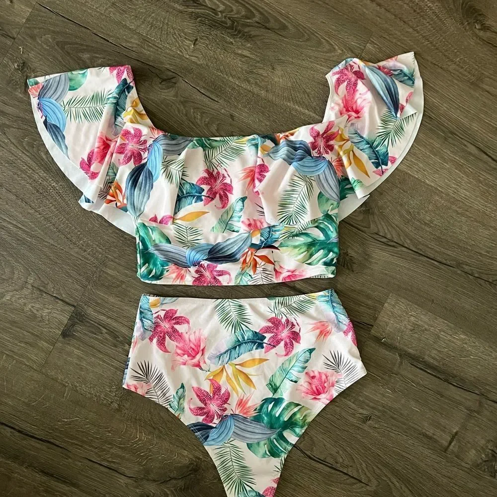 Floral  Ruffle Bikinis  Women Tropical Flounce Swimsuit High Waist Swimwear M